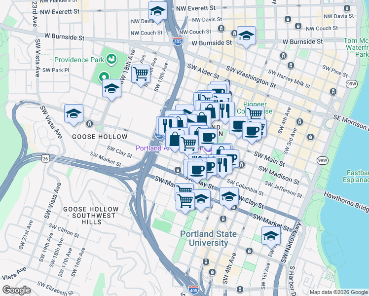 map of restaurants, bars, coffee shops, grocery stores, and more near 1221 Southwest 11th Avenue in Portland