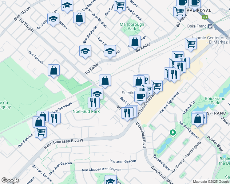 map of restaurants, bars, coffee shops, grocery stores, and more near 2675 Rue Marcel in Montreal