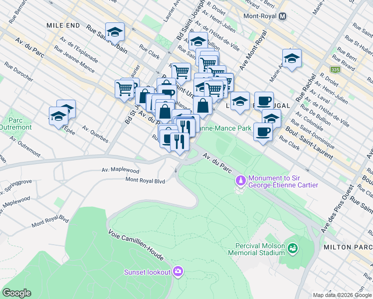 map of restaurants, bars, coffee shops, grocery stores, and more near 385 Avenue du Mont-Royal Ouest in Montréal