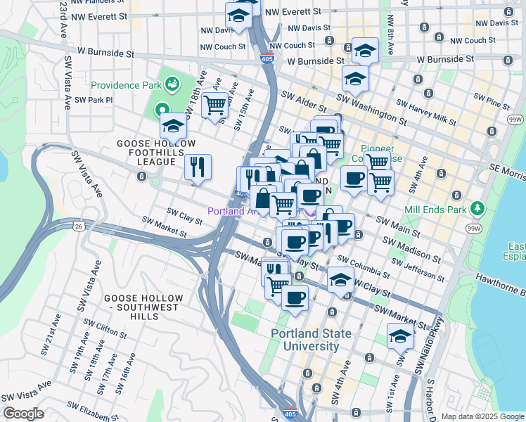 map of restaurants, bars, coffee shops, grocery stores, and more near Southwest Jefferson Street & Southwest 12th Avenue in Portland