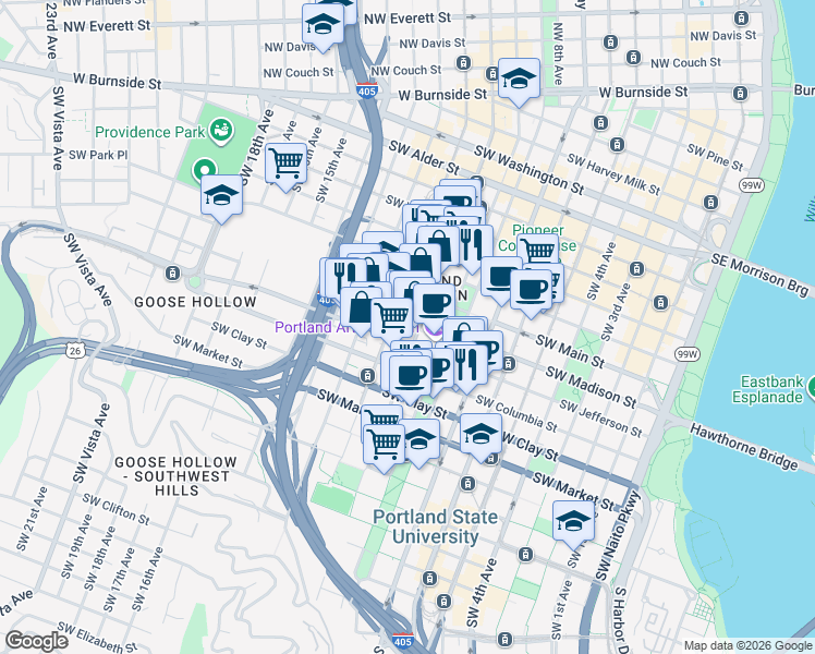 map of restaurants, bars, coffee shops, grocery stores, and more near 1221 Southwest 10th Avenue in Portland
