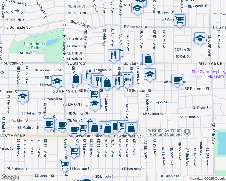 map of restaurants, bars, coffee shops, grocery stores, and more near SE Belmont St & SE 45th Ave in Portland