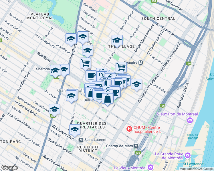 map of restaurants, bars, coffee shops, grocery stores, and more near in Montreal