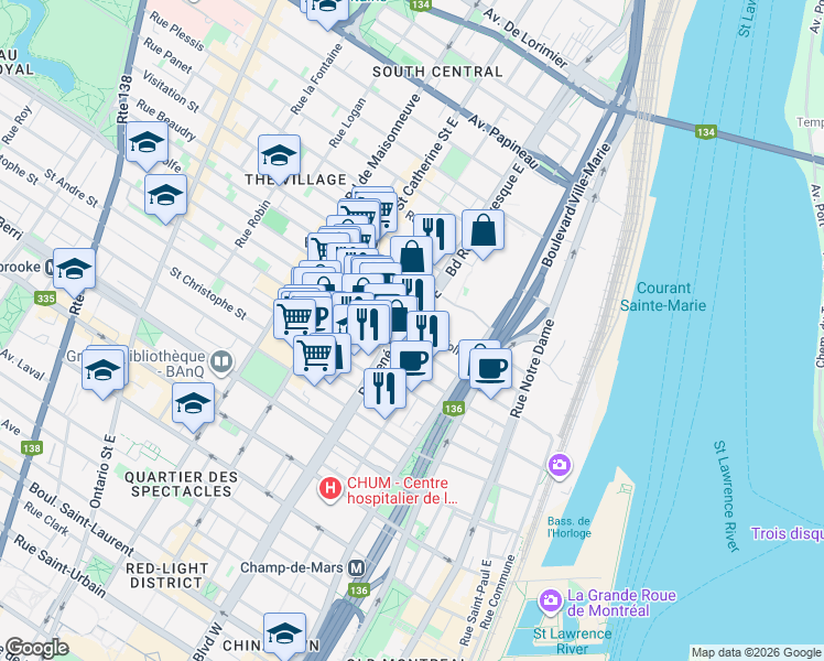 map of restaurants, bars, coffee shops, grocery stores, and more near 1110 Boulevard René-Lévesque Est in Montréal