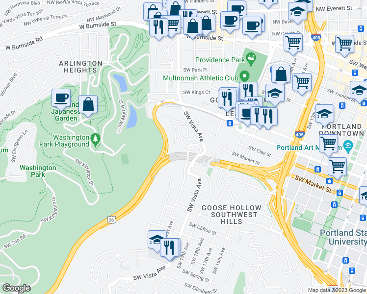 map of restaurants, bars, coffee shops, grocery stores, and more near 1746 Southwest Ford Street Drive in Portland