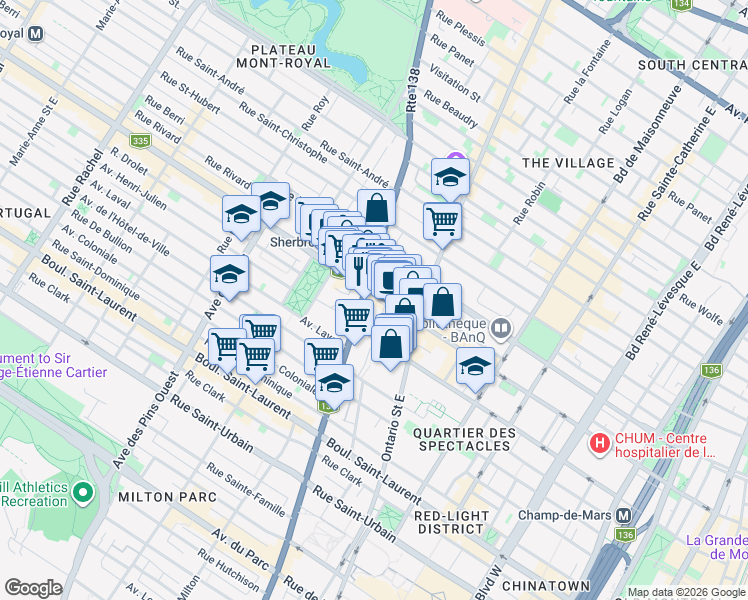 map of restaurants, bars, coffee shops, grocery stores, and more near 2110 Rue Saint-Denis in Montréal