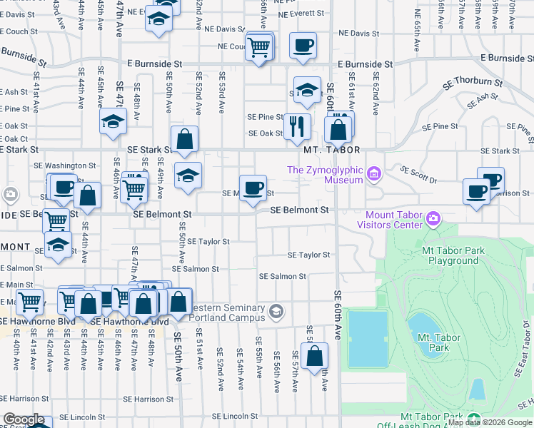 map of restaurants, bars, coffee shops, grocery stores, and more near 5528 Southeast Belmont Street in Portland