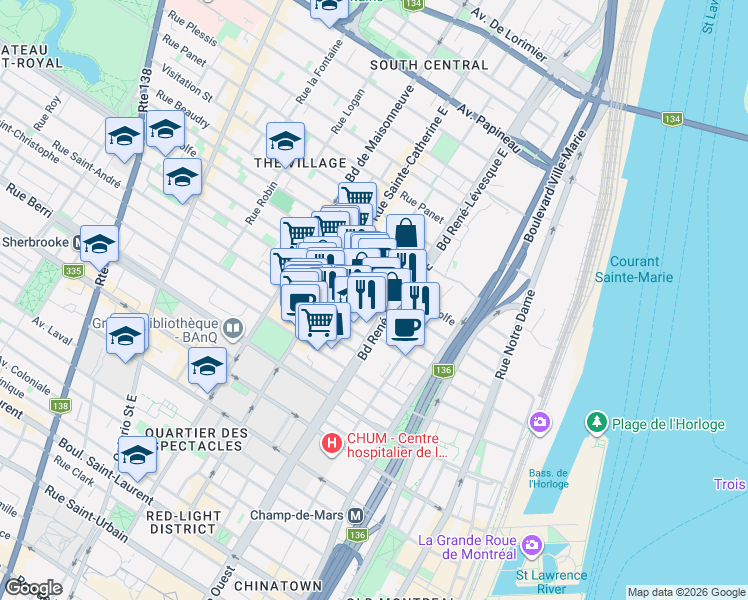 map of restaurants, bars, coffee shops, grocery stores, and more near 1200 Rue Atateken in Montréal