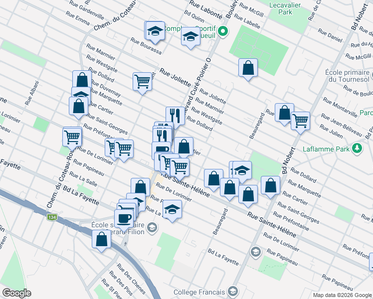 map of restaurants, bars, coffee shops, grocery stores, and more near 1954 Rue Cartier in Longueuil