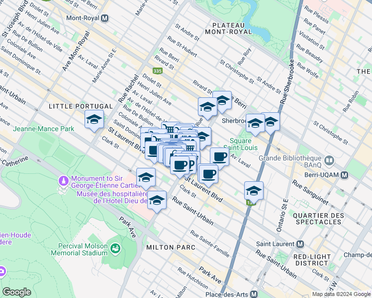 map of restaurants, bars, coffee shops, grocery stores, and more near 3788 Rue De Bullion in Montréal