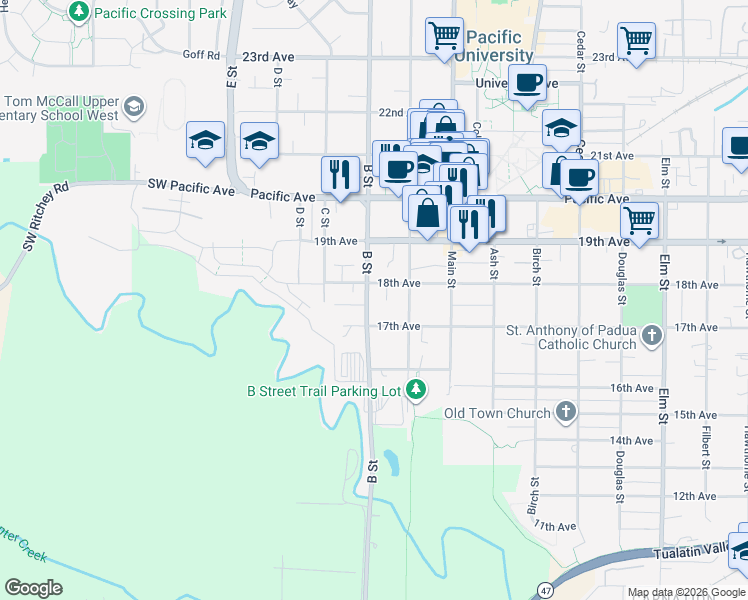 map of restaurants, bars, coffee shops, grocery stores, and more near 1725 B Street in Forest Grove