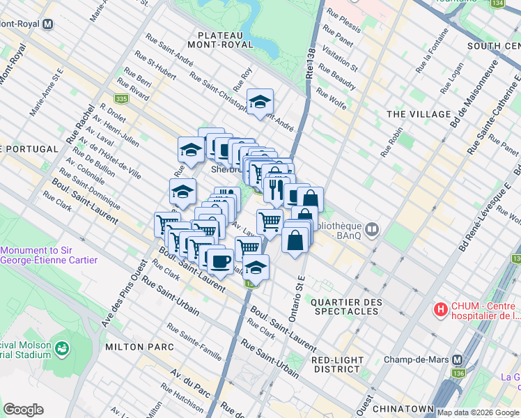 map of restaurants, bars, coffee shops, grocery stores, and more near 3423 Avenue Henri-Julien in Montréal
