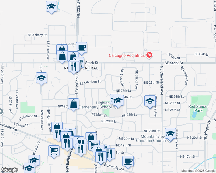 map of restaurants, bars, coffee shops, grocery stores, and more near 172 Northeast 27th Street in Gresham