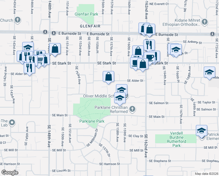 map of restaurants, bars, coffee shops, grocery stores, and more near 840 Southeast 156th Place in Portland
