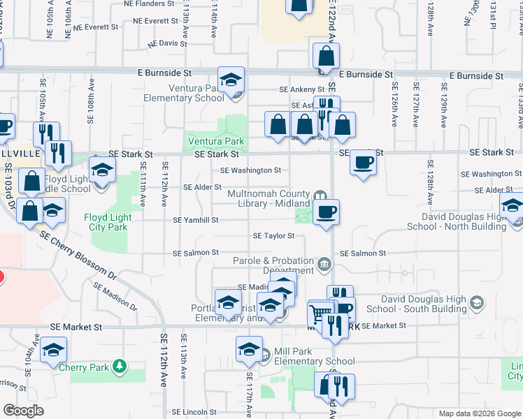 map of restaurants, bars, coffee shops, grocery stores, and more near 11714 Southeast Yamhill Street in Portland
