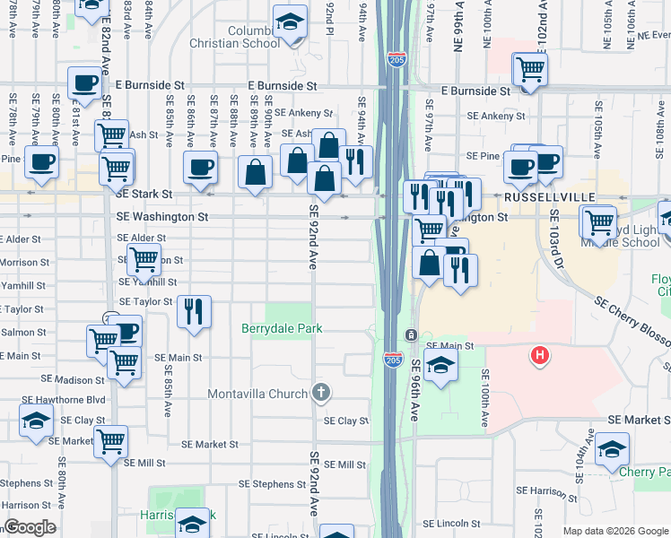 map of restaurants, bars, coffee shops, grocery stores, and more near 9258 Southeast Yamhill Street in Portland