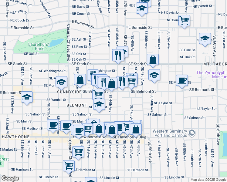 map of restaurants, bars, coffee shops, grocery stores, and more near 944 Southeast 45th Avenue in Portland