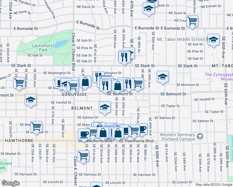 map of restaurants, bars, coffee shops, grocery stores, and more near 4263 Southeast Belmont Street in Portland
