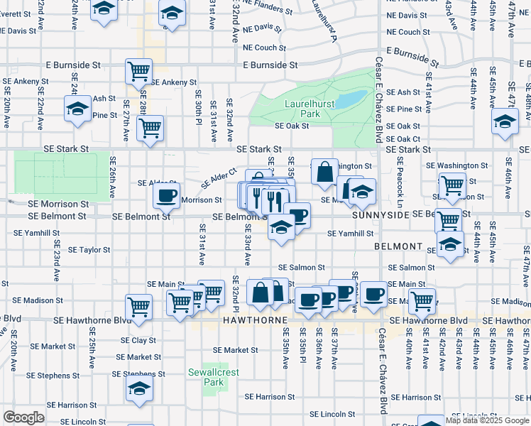 map of restaurants, bars, coffee shops, grocery stores, and more near 3342 Southeast Belmont Street in Portland