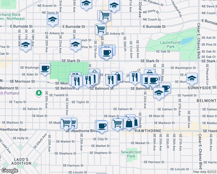 map of restaurants, bars, coffee shops, grocery stores, and more near 2805 Southeast Yamhill Street in Portland