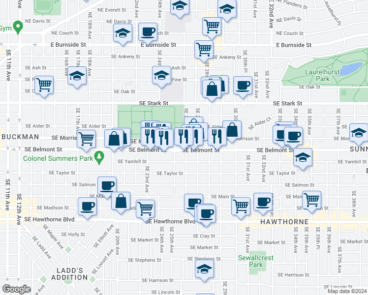 map of restaurants, bars, coffee shops, grocery stores, and more near 2503 Southeast Yamhill Street in Portland