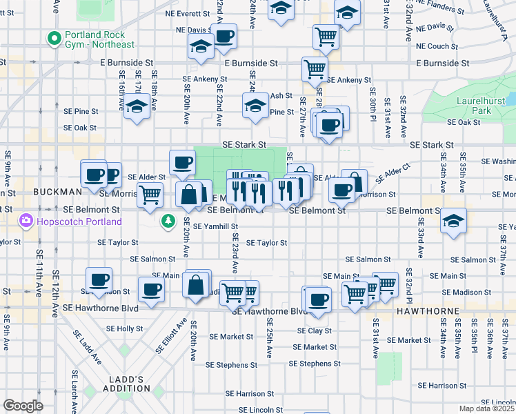 map of restaurants, bars, coffee shops, grocery stores, and more near 2345 Southeast Yamhill Street in Portland