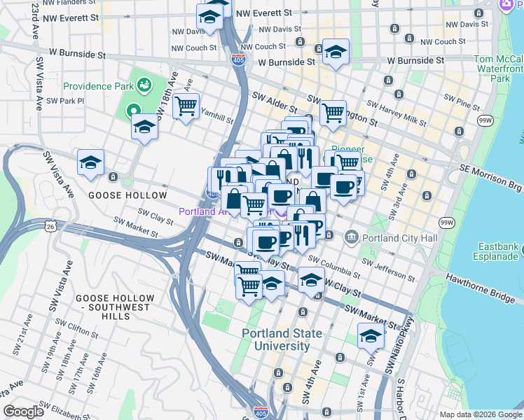 map of restaurants, bars, coffee shops, grocery stores, and more near in Portland
