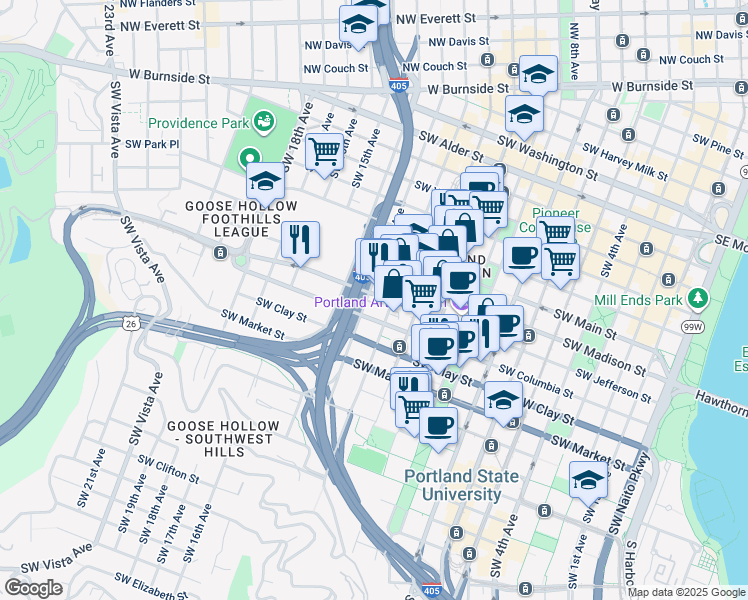 map of restaurants, bars, coffee shops, grocery stores, and more near 1129 Southwest Columbia Street in Portland