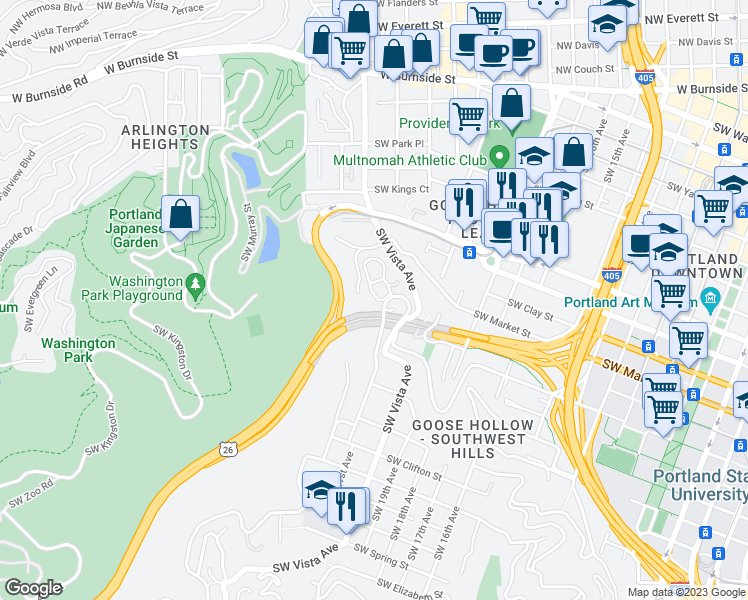 map of restaurants, bars, coffee shops, grocery stores, and more near 1746 Southwest Ford Street Drive in Portland