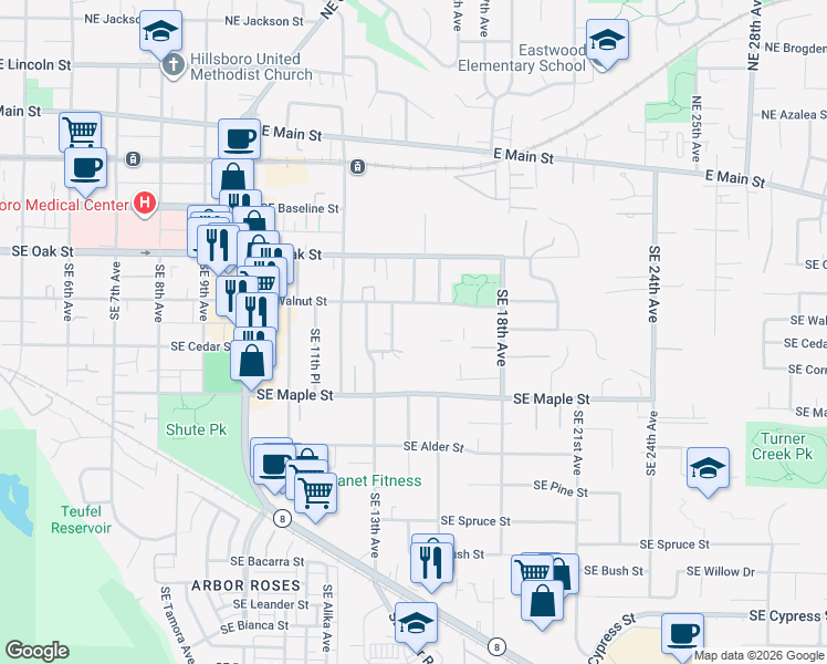 map of restaurants, bars, coffee shops, grocery stores, and more near 1535 Southeast Maple Street in Hillsboro