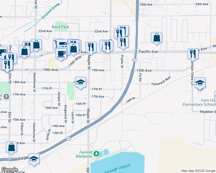 map of restaurants, bars, coffee shops, grocery stores, and more near 3332 17th Place in Forest Grove