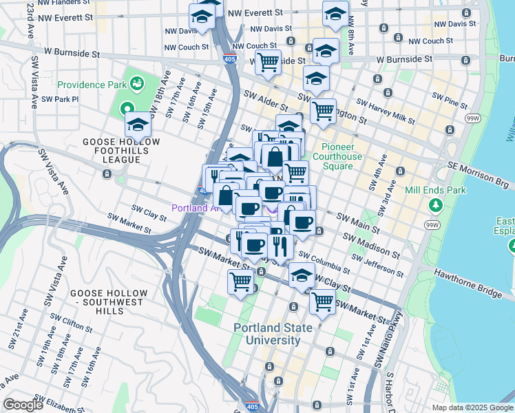 map of restaurants, bars, coffee shops, grocery stores, and more near 1221 Southwest 10th Avenue in Portland