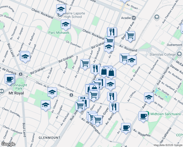 map of restaurants, bars, coffee shops, grocery stores, and more near 107 Avenue Dresden in Montréal