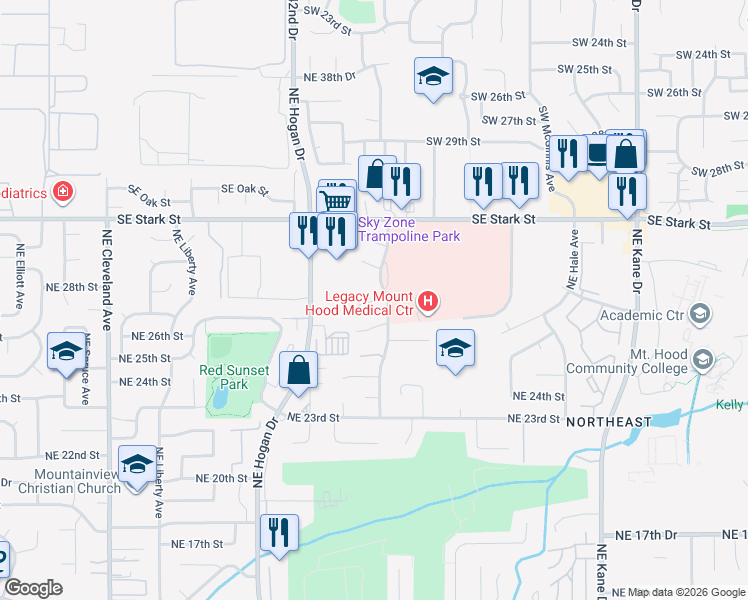 map of restaurants, bars, coffee shops, grocery stores, and more near 24700 Southeast Stark Street in Gresham