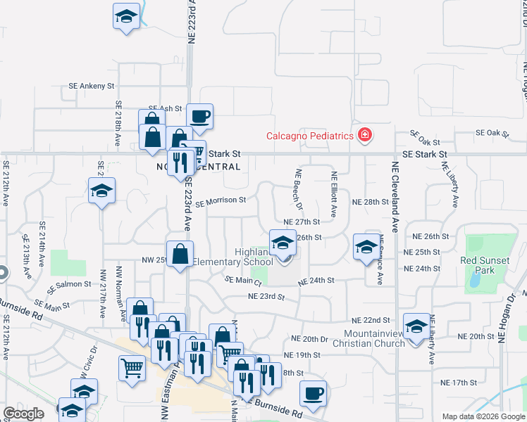 map of restaurants, bars, coffee shops, grocery stores, and more near 172 Northeast 27th Street in Gresham