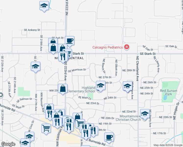 map of restaurants, bars, coffee shops, grocery stores, and more near 2730 Northeast Roberts Avenue in Gresham