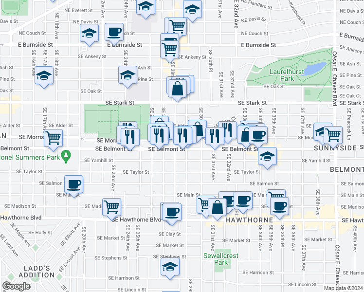 map of restaurants, bars, coffee shops, grocery stores, and more near 2805 Southeast Yamhill Street in Portland