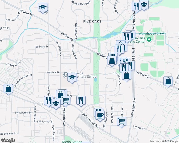 map of restaurants, bars, coffee shops, grocery stores, and more near 16550 Southwest Peninsula Court in Beaverton