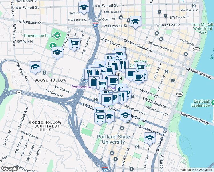 map of restaurants, bars, coffee shops, grocery stores, and more near 1221 Southwest 10th Avenue in Portland