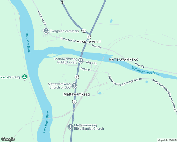 map of restaurants, bars, coffee shops, grocery stores, and more near 31 Depot Street in Mattawamkeag