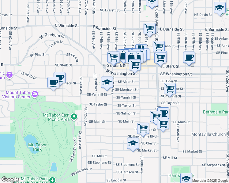 map of restaurants, bars, coffee shops, grocery stores, and more near 7604 Southeast Morrison Street in Portland