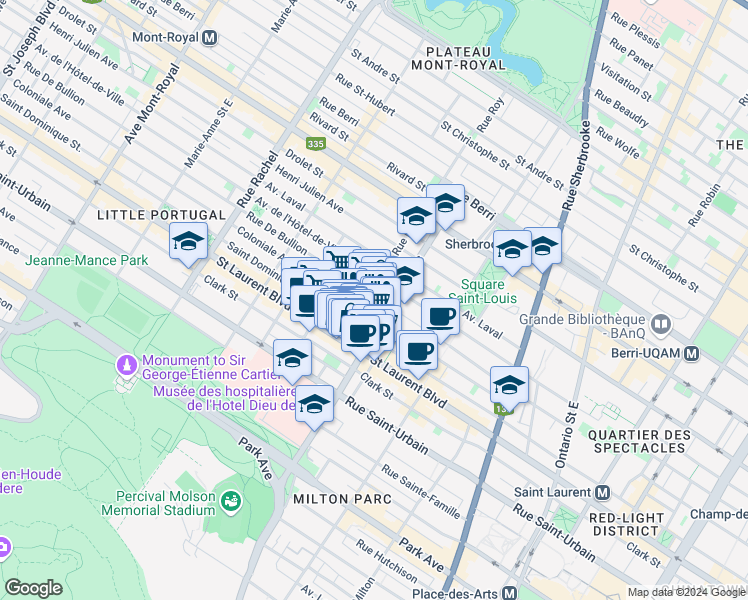 map of restaurants, bars, coffee shops, grocery stores, and more near 3788 Rue De Bullion in Montréal