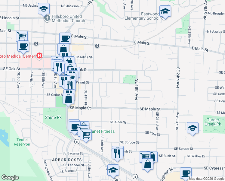 map of restaurants, bars, coffee shops, grocery stores, and more near 1535 Southeast Maple Street in Hillsboro