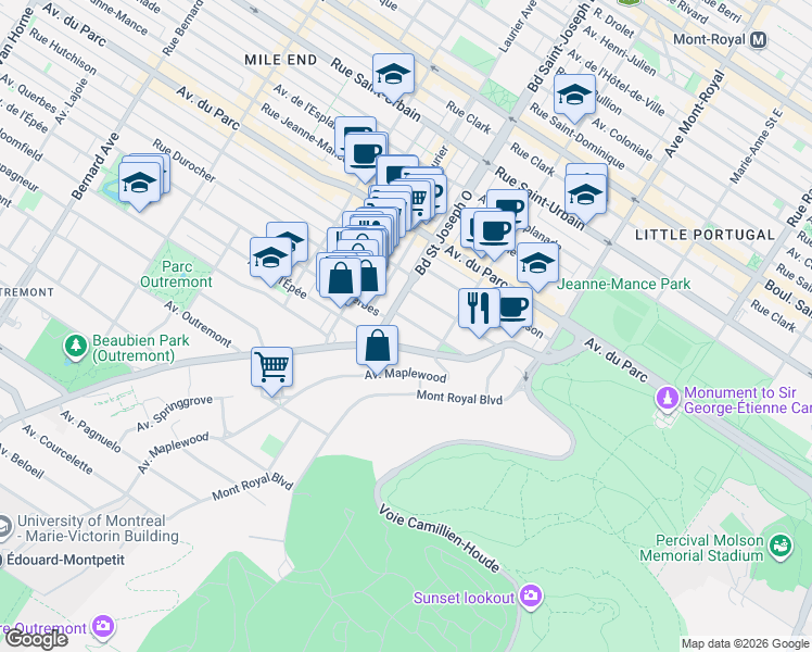 map of restaurants, bars, coffee shops, grocery stores, and more near 74 Avenue McNider in Montréal
