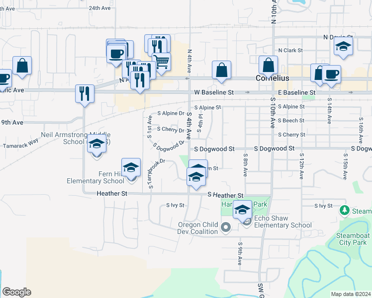map of restaurants, bars, coffee shops, grocery stores, and more near 400 South 4th Avenue in Cornelius