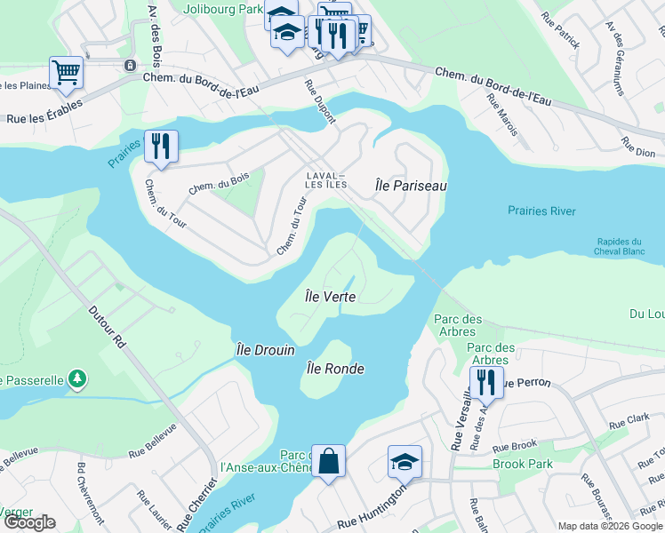 map of restaurants, bars, coffee shops, grocery stores, and more near Chemin des Trilles in Laval