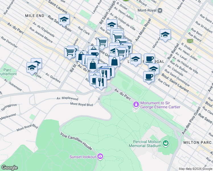 map of restaurants, bars, coffee shops, grocery stores, and more near 355 Avenue du Mont-Royal Ouest in Montréal