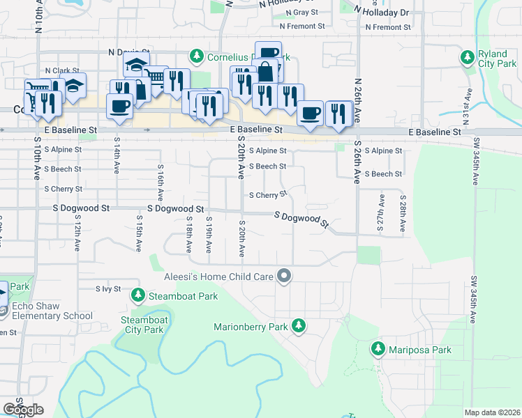map of restaurants, bars, coffee shops, grocery stores, and more near 2120 South Dogwood Street in Cornelius