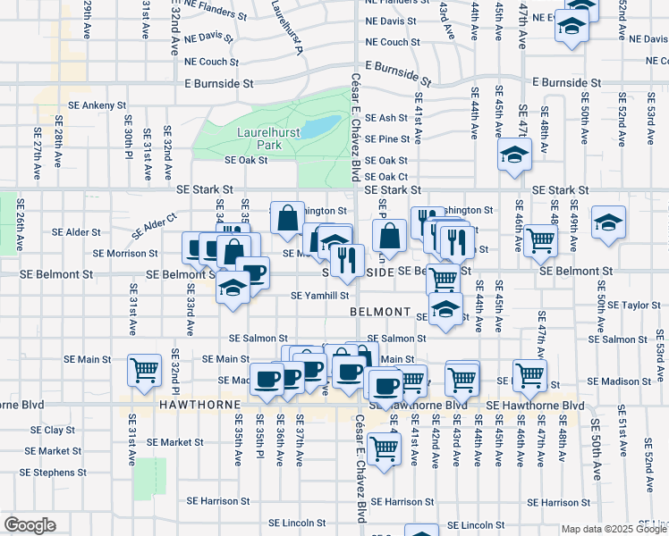 map of restaurants, bars, coffee shops, grocery stores, and more near 838 Southeast 38th Avenue in Portland
