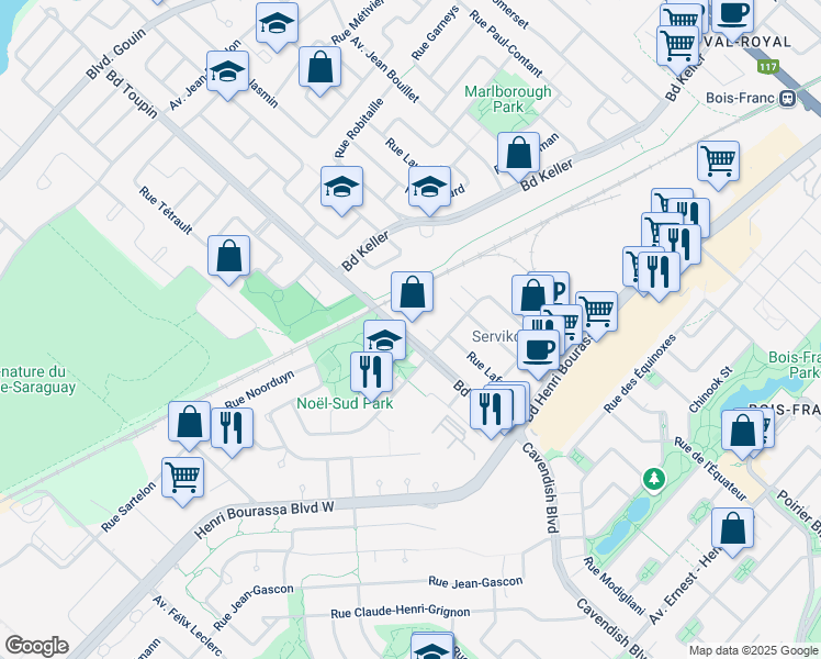 map of restaurants, bars, coffee shops, grocery stores, and more near 2915 Boulevard Toupin in Montréal